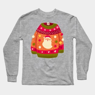 Cute Christmas sweater with Santa Claus and pom-poms. Colorful holiday illustration. Long Sleeve T-Shirt